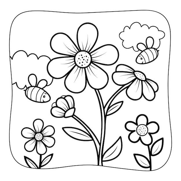 Цветок и пчелы черно-белая книжка-раскраска или страница раскраски для детей природа фон
