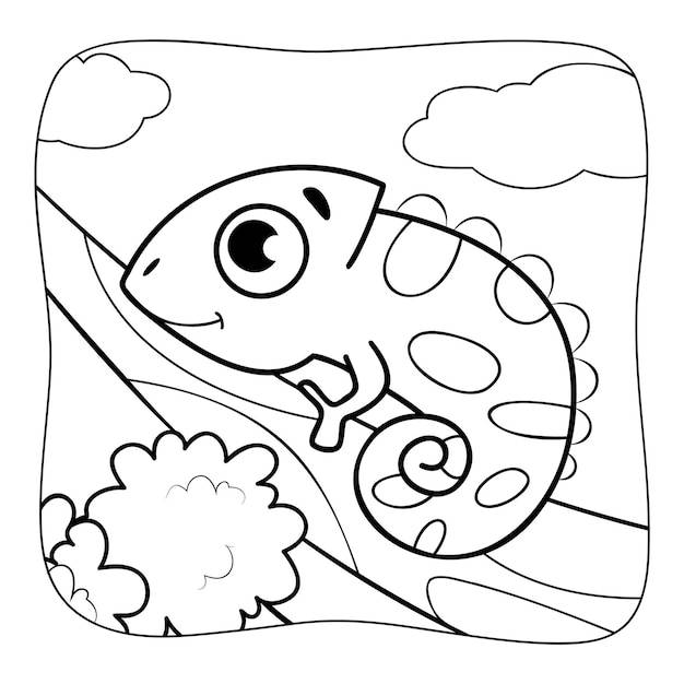Игуана черно-белая книжка-раскраска или страница раскраски для детей природа фон