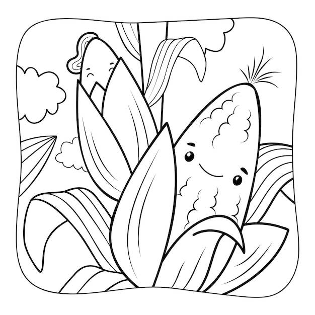 Кукуруза черно-белая книжка-раскраска или страница раскраски для детей природа фон