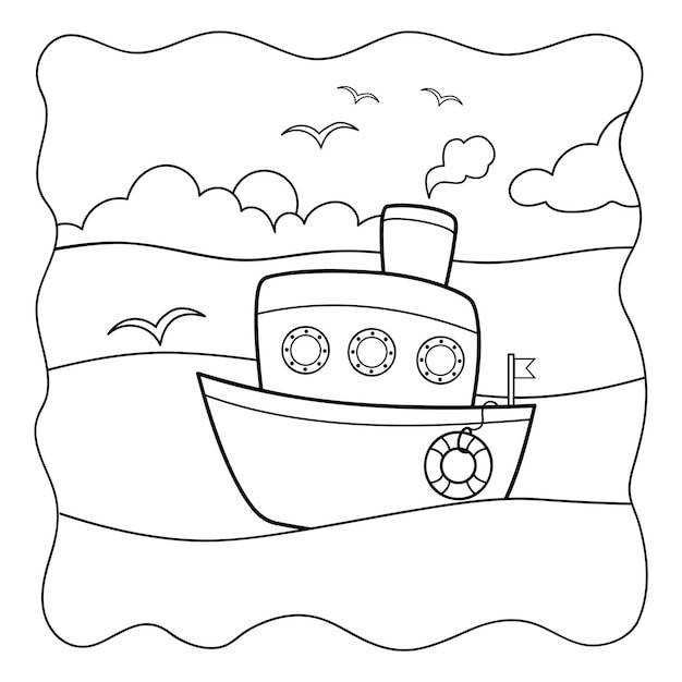 Корабль черно-белая книжка-раскраска или страница раскраски для детей природа фон