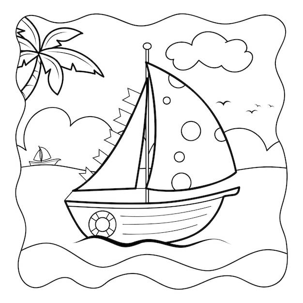Лодка черно-белая книжка-раскраска или страница раскраски для детей природа фон