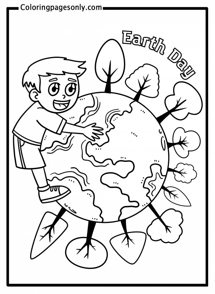 Earth Day Boy Embracing Earth Coloring Page