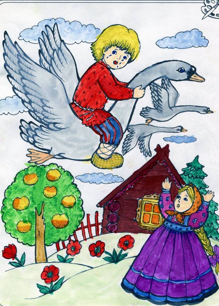 Гуси лебеди рисунок для детей