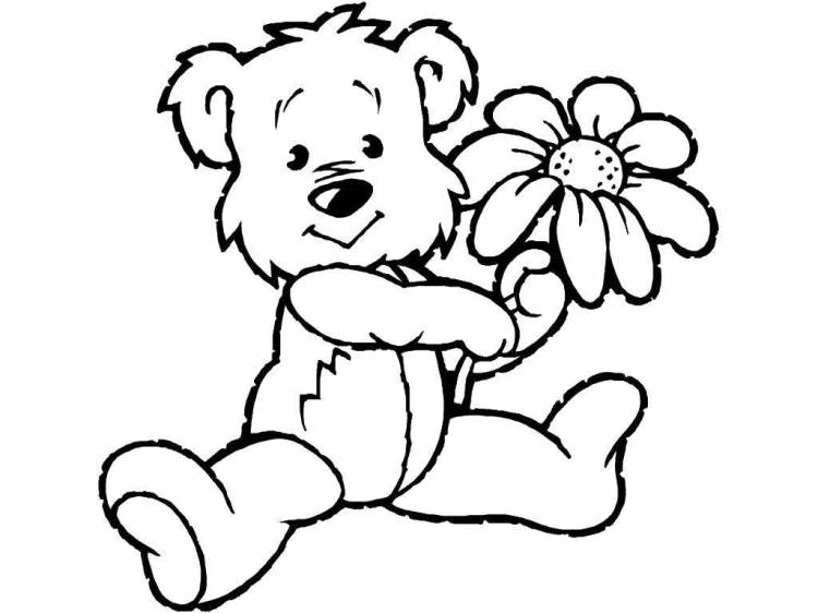 Раскраски Раскраска Медведь с цветком Дети играют, скачать распечатать раскраски