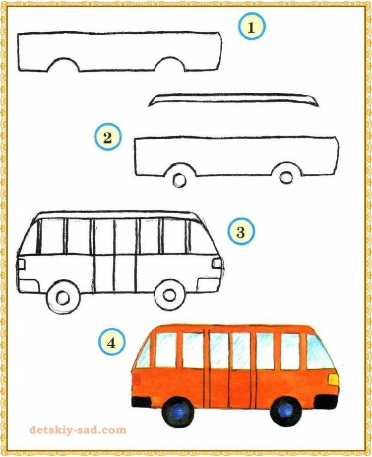 Автобус рисунок для детей карандашом поэтапно легко 