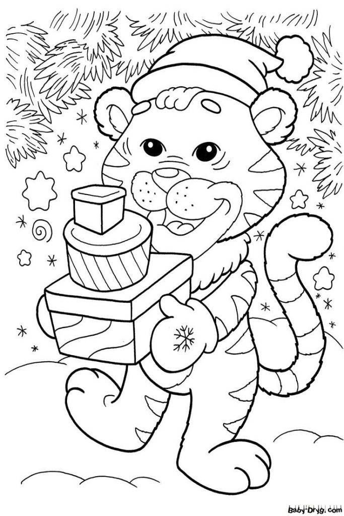 Раскраска Тигр поздравляет с Новым Годом