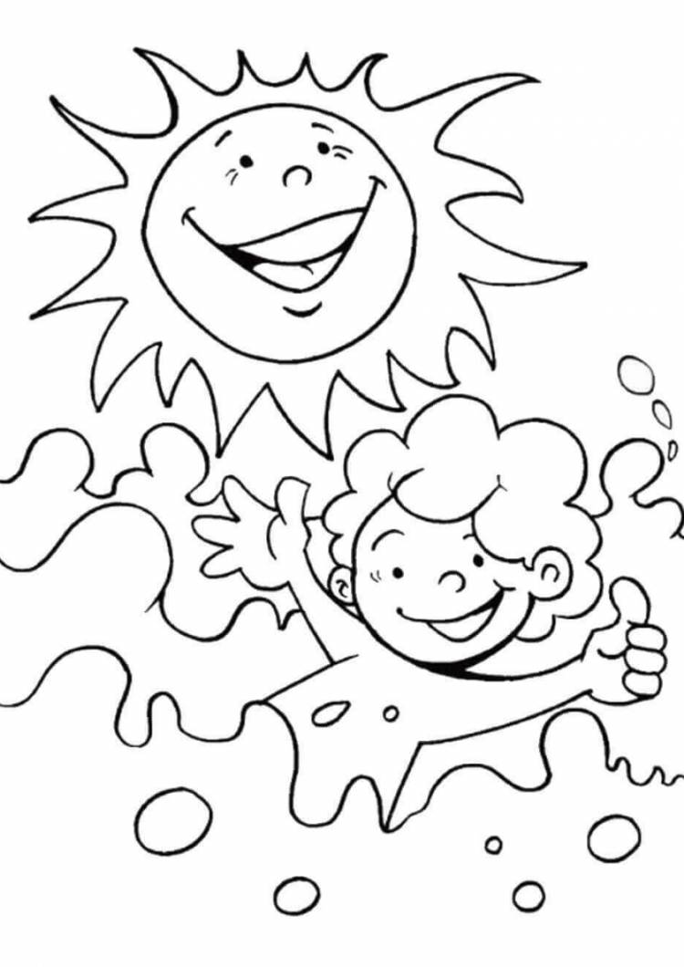Раскраска Веселое солнце и купающийся мальчик распечатать