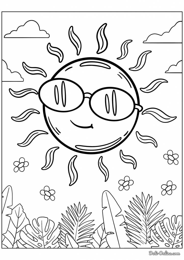 Раскраска Солнышко в очках над джунглями распечатать или скачать