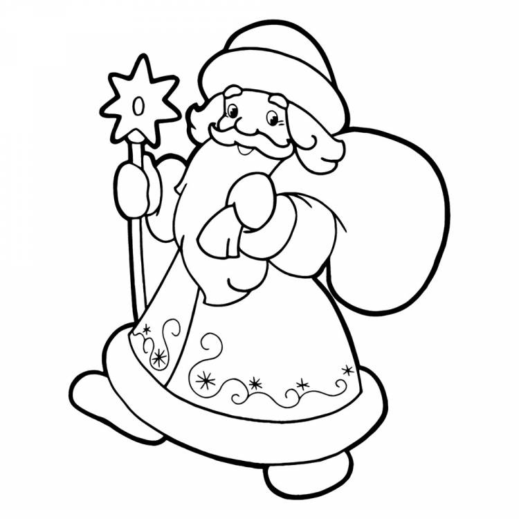 Раскраска Дед Мороз с мешком подарков для малышей распечатать или скачать