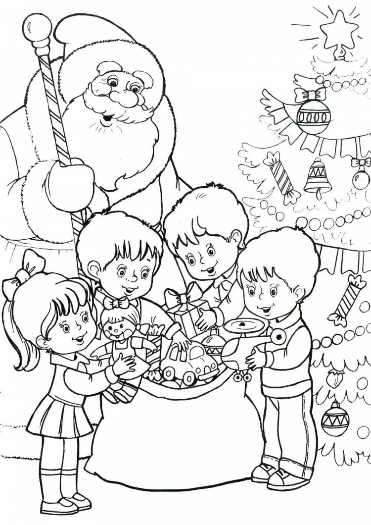 Раскраски детям, Раскраска Новый год Дед мороз дарит подарки детям на утреннике Новый год
