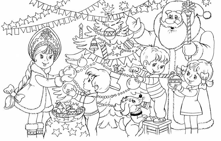 Раскраски друзья, Раскраска дед мороз и его друзья украшают елку дед мороз и снегурочка наряжают елку новогодние