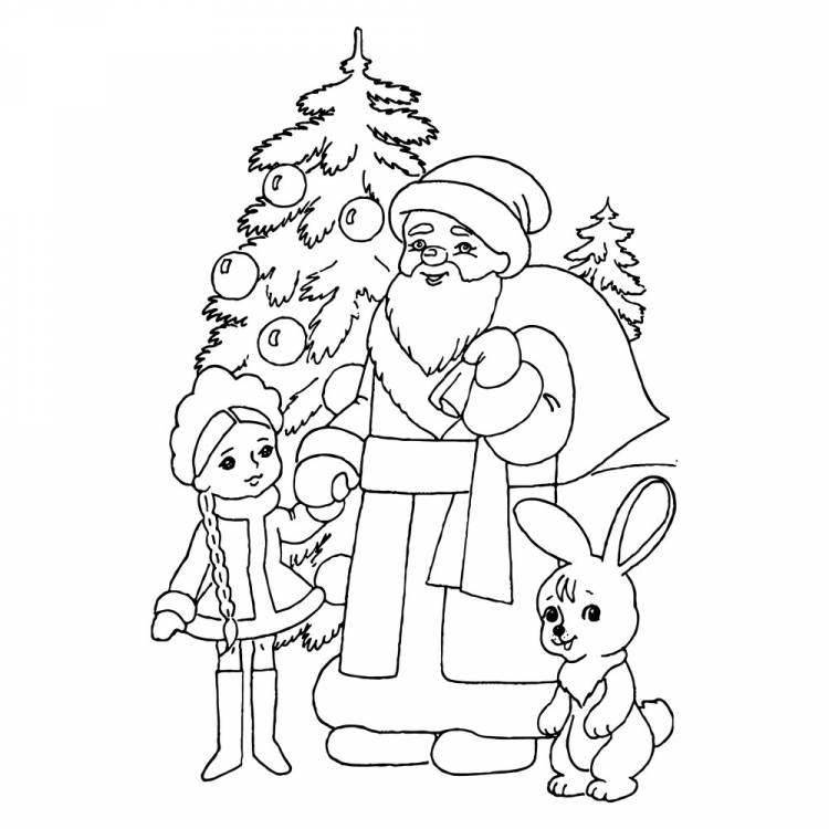 Раскраска Дед Мороз, снегурочка и зайчик распечатать или скачать