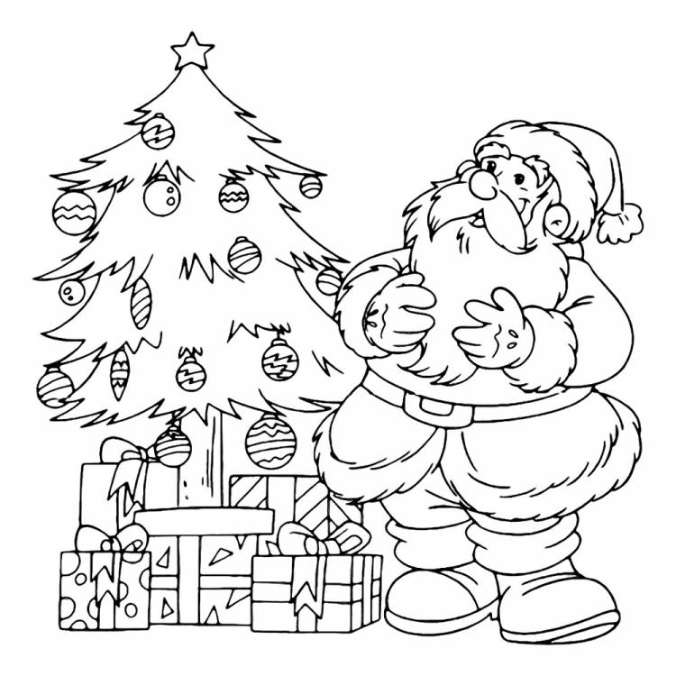 Раскраска Дед Мороз смотрит как дети украсили ёлку распечатать или скачать