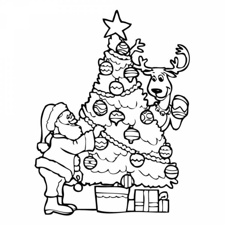 Раскраска Елку украшают Дед Мороз и олень распечатать или скачать