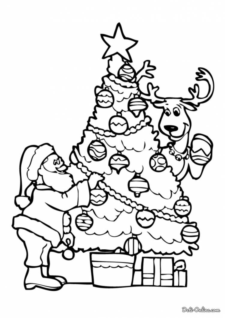 Раскраска Елку украшают Дед Мороз и олень распечатать или скачать