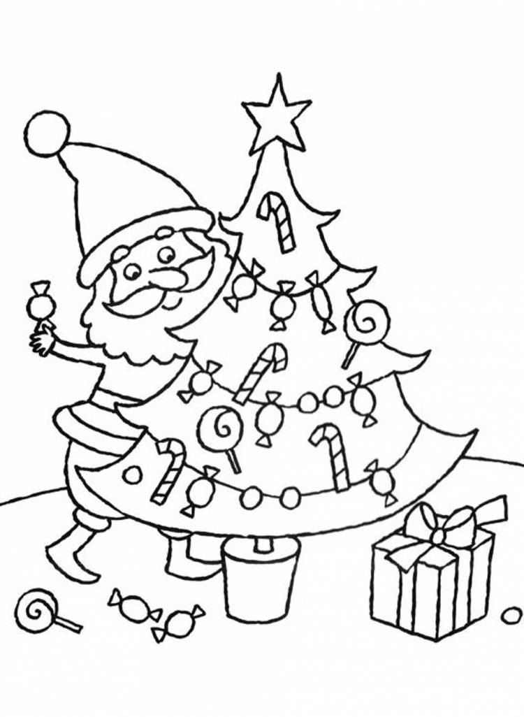 Дед мороз украшает елку конфетами Раскраски про зиму для детей