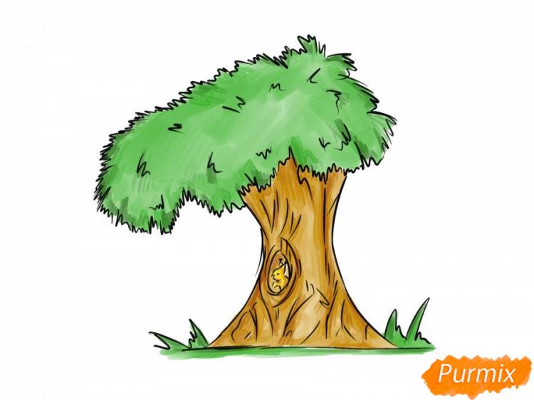 Как нарисовать дерево с дуплом поэтапно