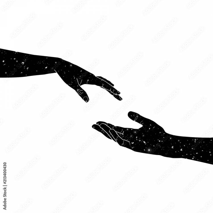 иллюстрация две руки мужская и женская с космосом внутри тянутся друг к другу, изображение любви Иллюстрация Stock