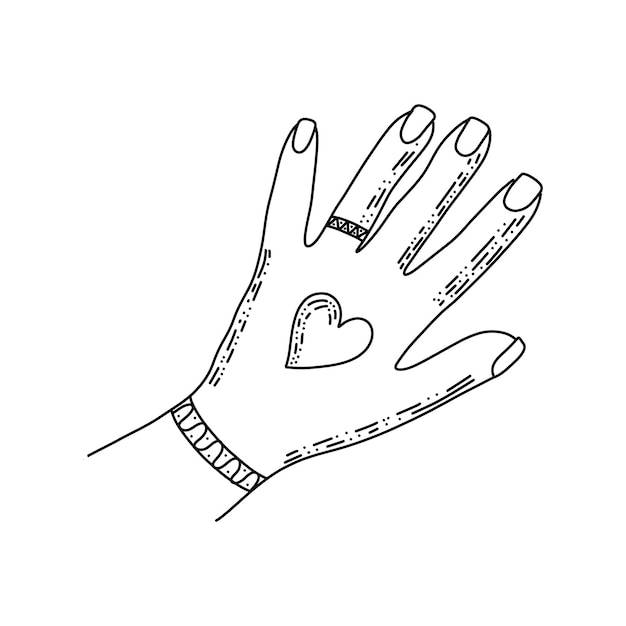 Красивая рука с кольцом, браслетом и сердцем линейная векторная иллюстрация концепция дня святого валентина