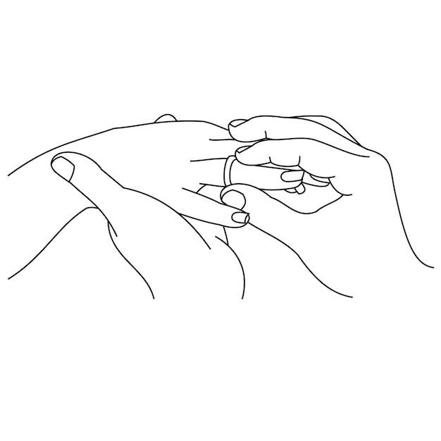 Иллюстрация рисования линии крупным планом рук, обменивающихся обручальными кольцами руки свадебной пары