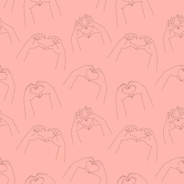 Руки влюбленной пары, создающие пальцами форму сердца векторный бесшовный рисунок с линейными художественными иллюстрациями