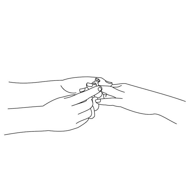 Иллюстрация рисования линии крупным планом рук, обменивающихся обручальными кольцами руки свадебной пары