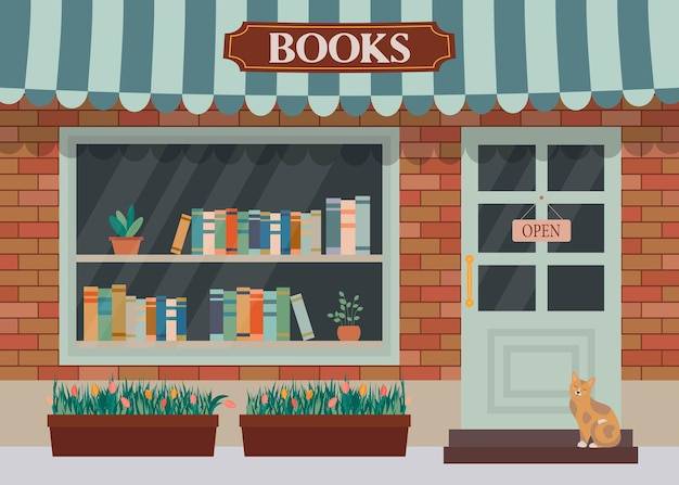 Книжный магазин витрина и полки с книгами плоская векторная иллюстрация