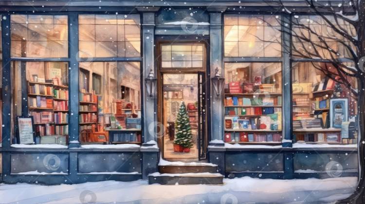 Витрина книжного магазина с рождественским оформлением
