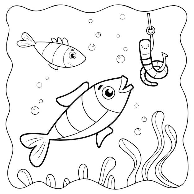 Рыба черно-белая книжка-раскраска или страница раскраски для детей морской фон
