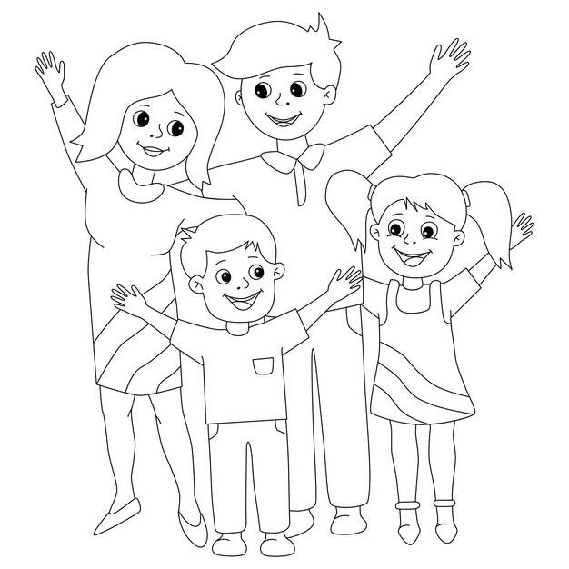 Раскраски для детей счастливая семья мама папа сын дочь стоят вместе руки вверх