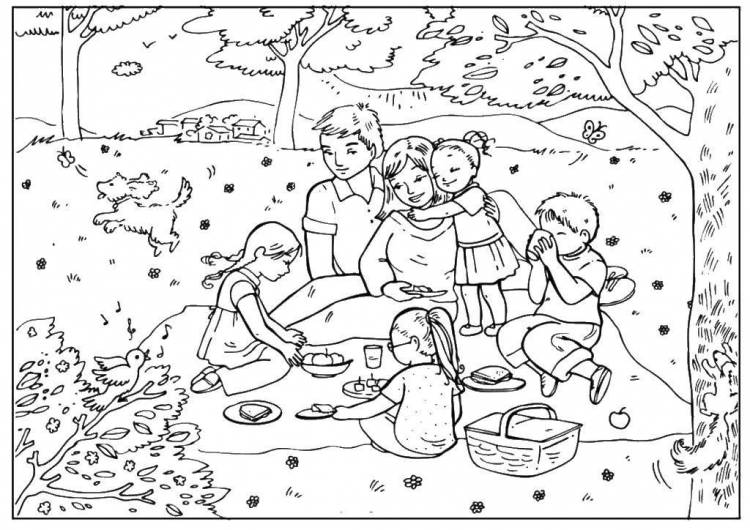 Раскраски семья, Раскраска Семья на пикнике большая семья