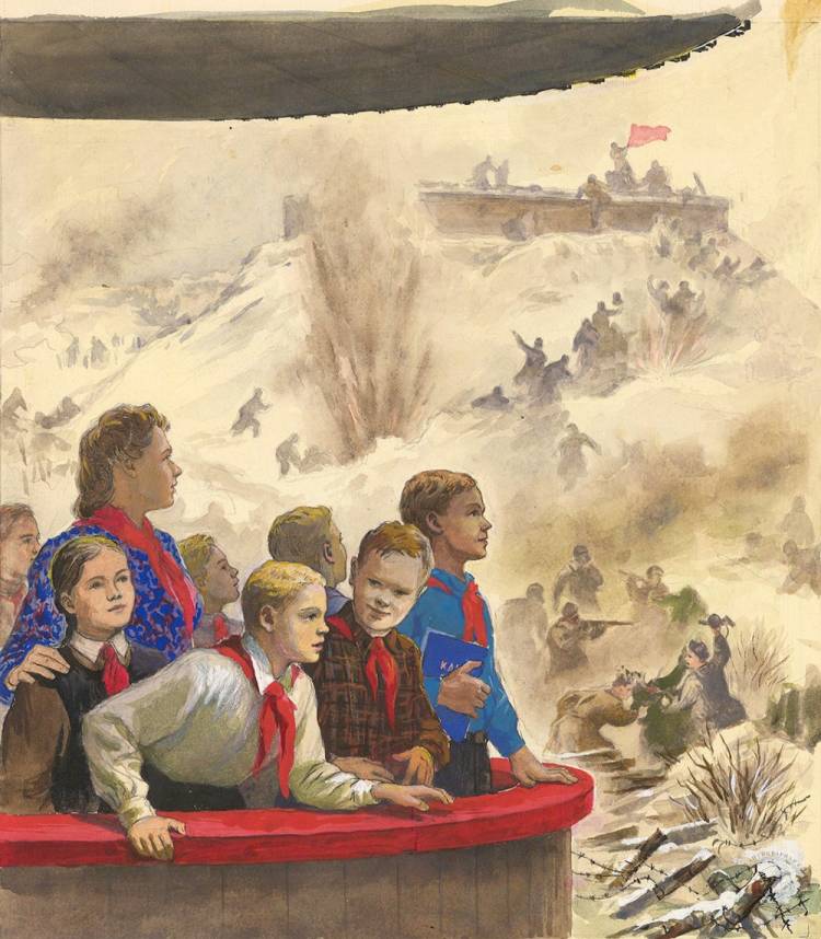 Пионеры у эскиза панорамы Разгром немцев под Сталинградом