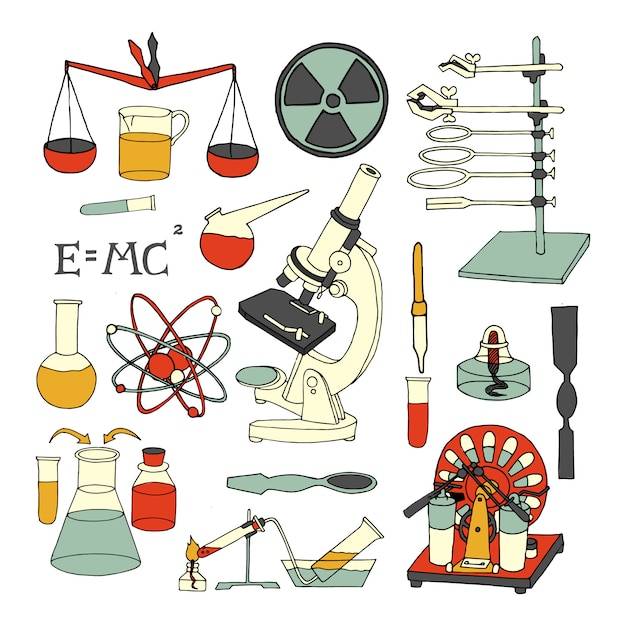 Наука химия и физика научные декоративные цветные эскизы иконки набор изолированных векторные иллюстрации