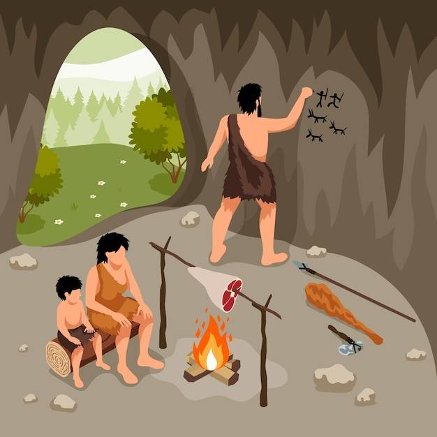 Изометрическая композиция первобытных людей с видом на племенную семью в пещере с человеческим рисунком на стенах векторная иллюстрация