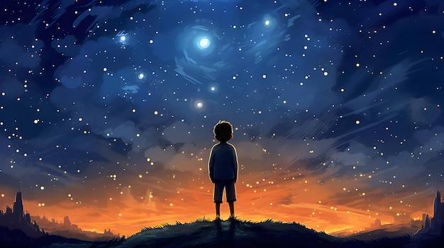 Иллюстрация мальчика, смотрящего на ночное звездное небо в стиле pixar