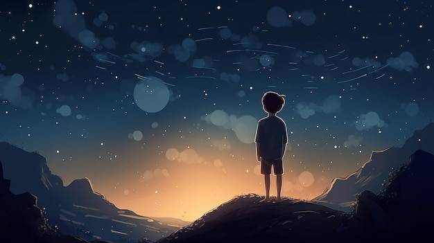 Иллюстрация мальчика, смотрящего на ночное звездное небо генеративный ии