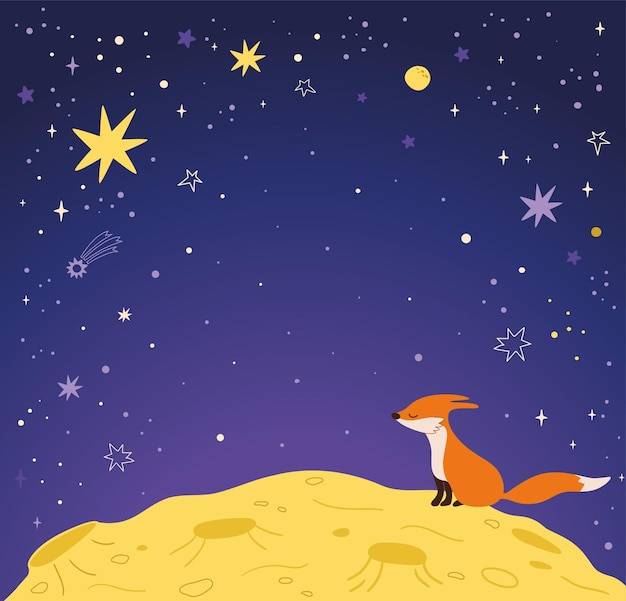 Фон маленького принца звездное небо и лунная поверхность с лисой векторная иллюстрация