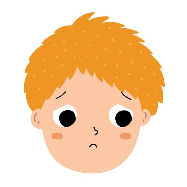 Грустное лицо мальчика эмоции маленького ребенка крупным планом портрет растерянного персонажа векторная иллюстрация