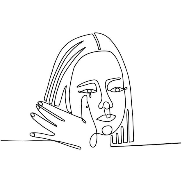 Грустное женское лицо в стиле непрерывной линии, непрерывный рисунок линии грустного женского лица, слезы на лице