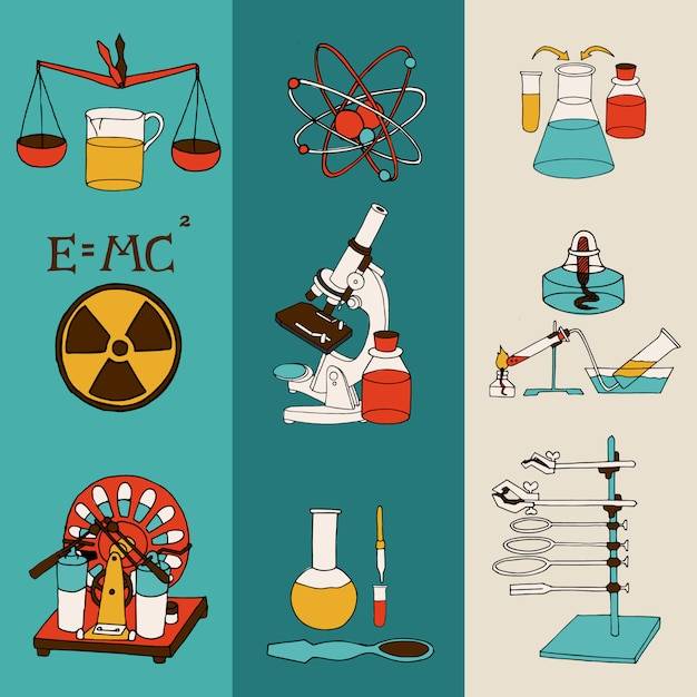 Наука химия и физика научно-исследовательская лаборатория оборудование цветной эскиз баннер набор изолированных векторные иллюстрации