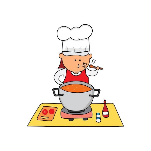 Детский рисунок векторная иллюстрация шеф-повара, готовящего суп на кухне