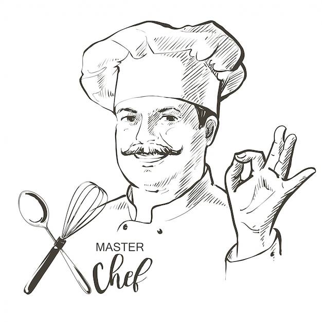 Шеф-повар готовить векторной линии эскиз рисованной иллюстрации