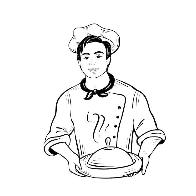 Молодой шеф-повар держит блюдо в руках