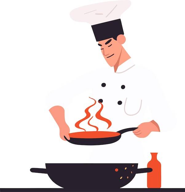Шеф-повар в процессе приготовления пищи на белом фоне иллюстрации минимальный векторный стиль флипарта
