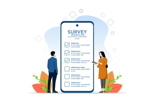 Векторная иллюстрация концепции анкеты онлайн-опроса с мужчиной и женщиной, использующими мобильный телефон