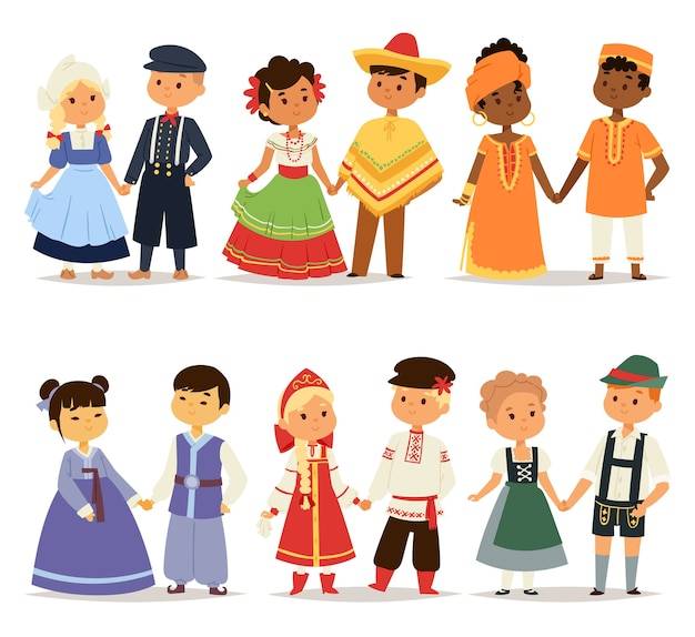 Традиционные детские пары, характерные для мира, одевают девочек и мальчиков в разные национальные костюмы и милые маленькие детские национальные костюмы