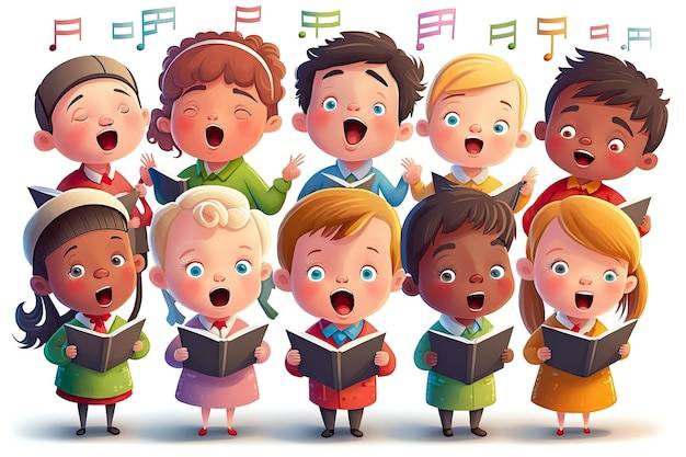 Иллюстрация детей, поющих песню вместе, девочки и мальчики, певцы группы в хоре из музыкальной школы, генеративный ай