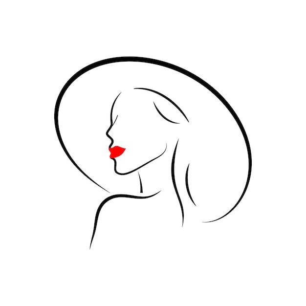 Красивый силуэт наброски женская голова в шляпе стильный логотип девушки с красными губами
