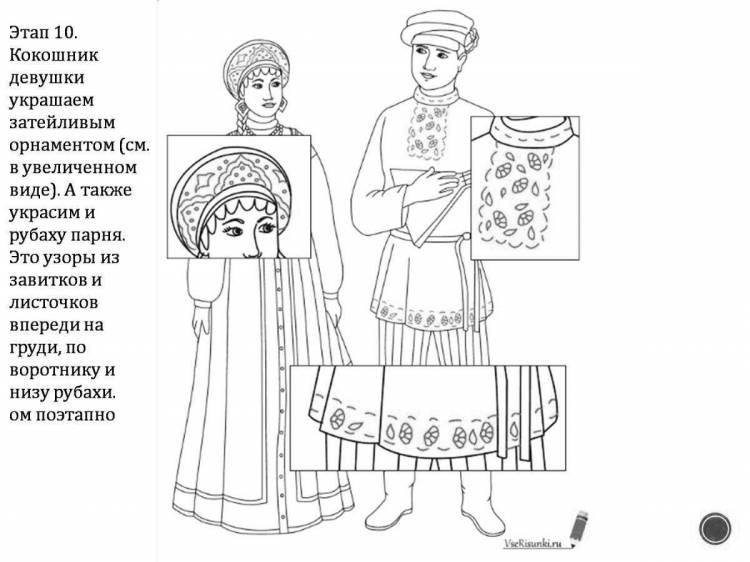 Раскраски Мужской и женский русский народный костюм 