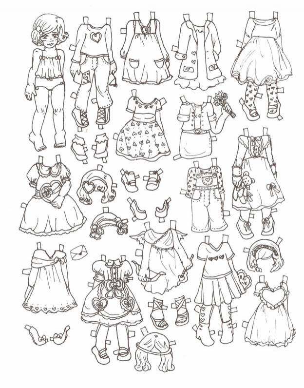 Раскраска бумажная Кукла с одеждой для вырезания распечатать для девочек